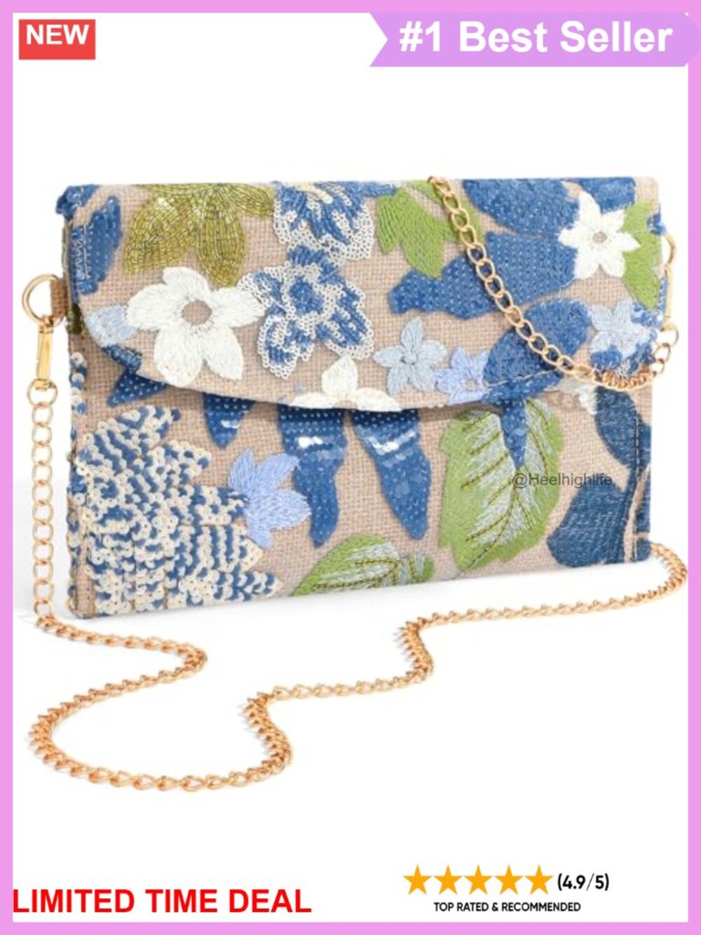 Floral Beaded Sequin Clutch Purse Detachable Chain Crossbody Evening Bag